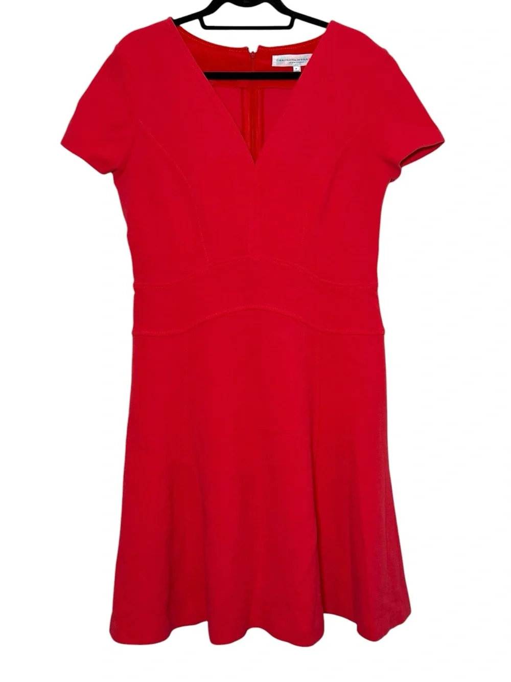 Carolina Herrera Dress Size 14 Red Wool V Neck Short Sleeve Italy‎